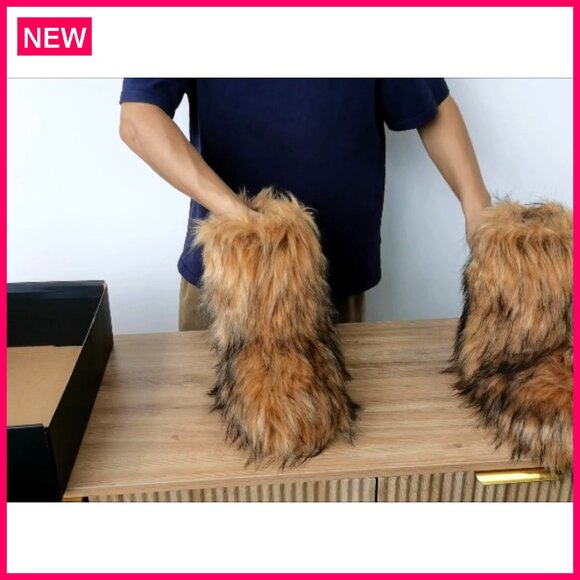 Faux Fur Winter Boots Mid-Calf Plush Warm Flat Shoes Indoor Outdoor - Picture 7 of 8